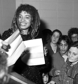 Angela Davis, surrounded by students, on the Brandeis campus in 1987.
